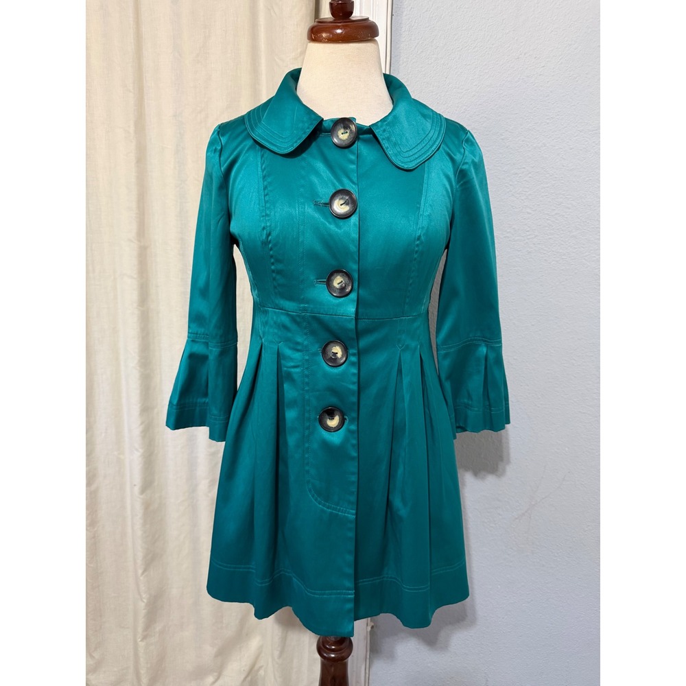 Byer California Teal Satin Fit & Flare Jacket S 3/4 Bell Sleeve Peter Pan Collar